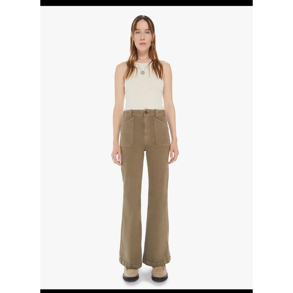 Mother The Roller Skimp Wide Leg Jeans Tan Khaki Utility Patch Pocket Raw Hem 30